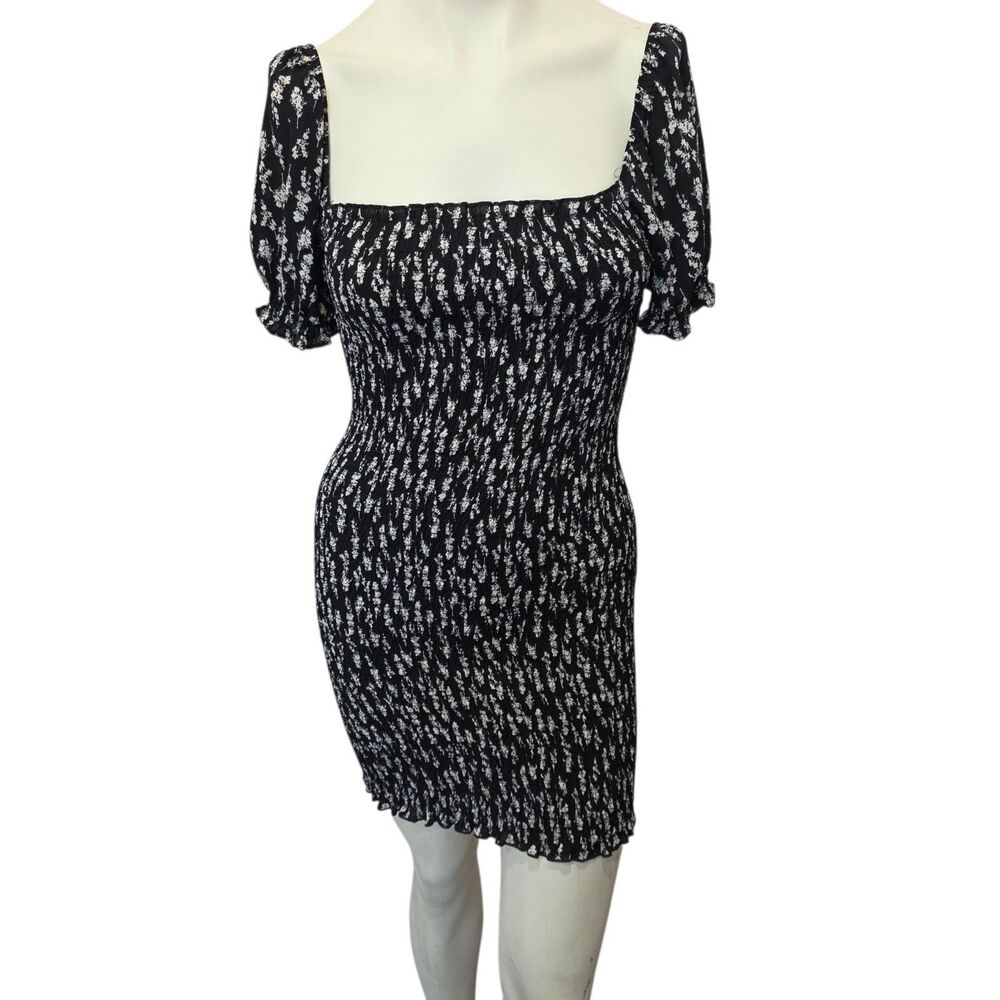 Trixxi Floral Smocked Mini Dress Black White Puff Sleeve Cottagecore M